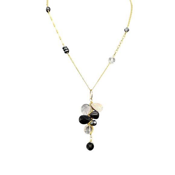 Quartz Stone Black Beaded Wire Pendant Y Drop Chain Necklace Gold Tone - Picture 1 of 8